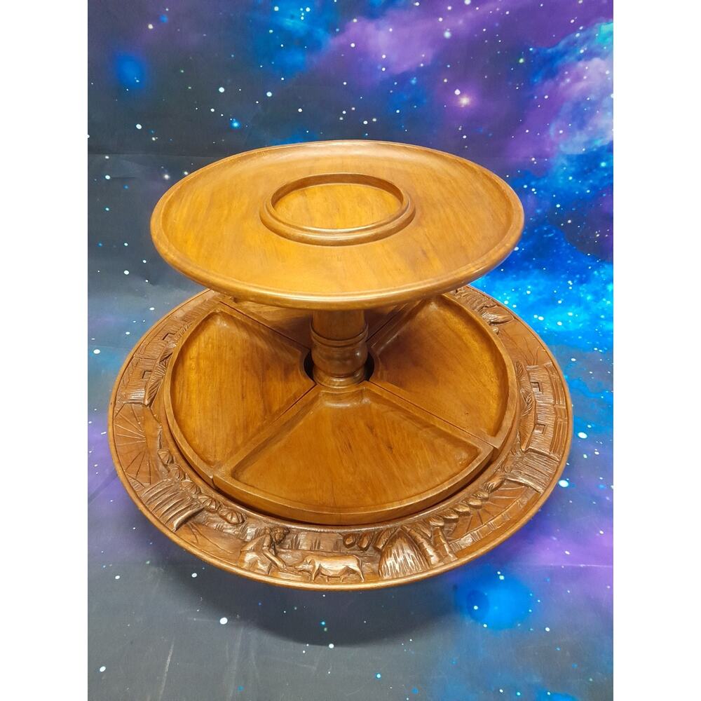 Vintage Lazy Susan - 2 Tiered Hand Carved Wood - Removable Trays
